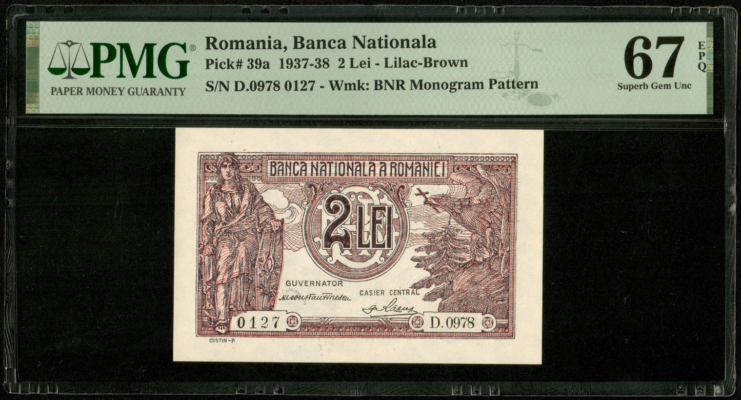 ROUMANIE - ROMANIA - 2 Lei 1938 Pick 39a NEUF / PMG Superb Gem Unc 67 EPQ