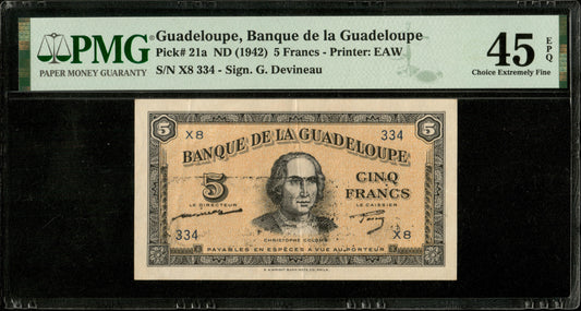 GUADELOUPE - 5 Francs (1942) P.21a SUP+ / PMG 45 EPQ