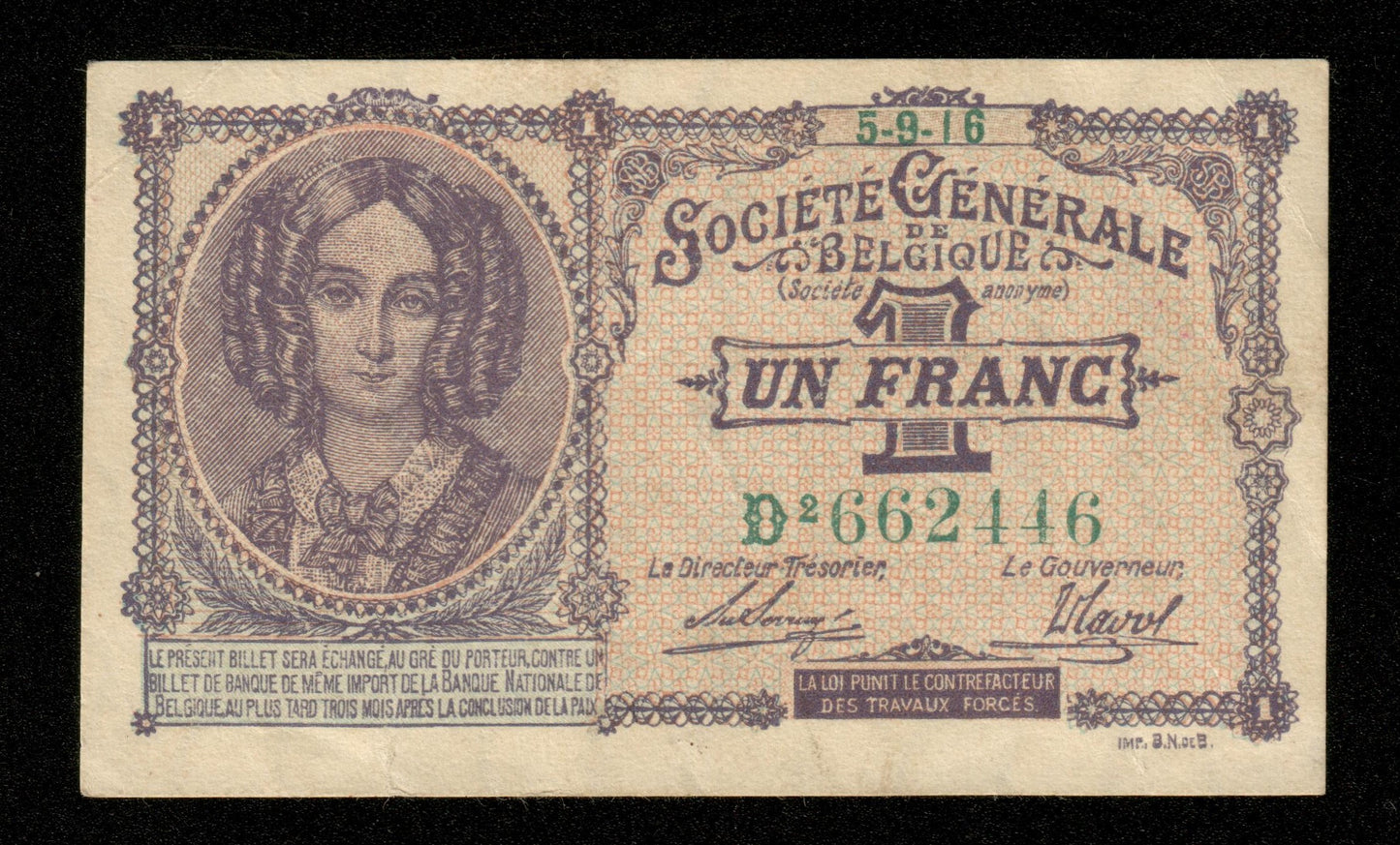 BELGIQUE - BELGIUM - 1 Franc 1916 P.86b TTB+ / VF+