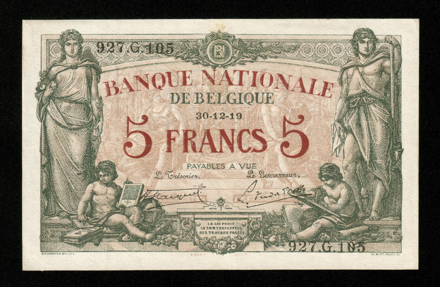 BELGIQUE - BELGIUM - 5 Francs 1919 P.75b SUP / XF