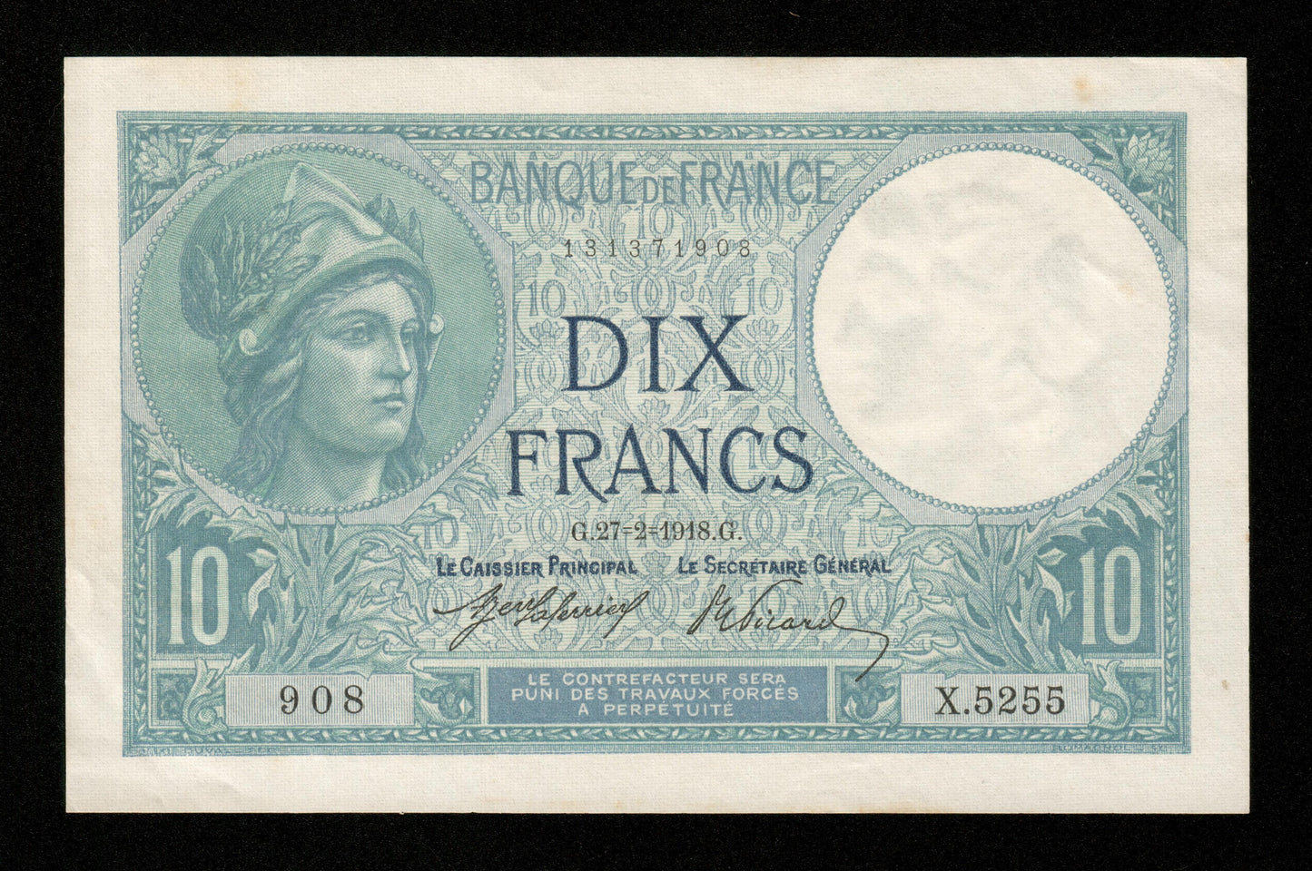 FRANCE - 10 Francs Minerve 1918 F.06.03, P.73a SUP+ / XF+