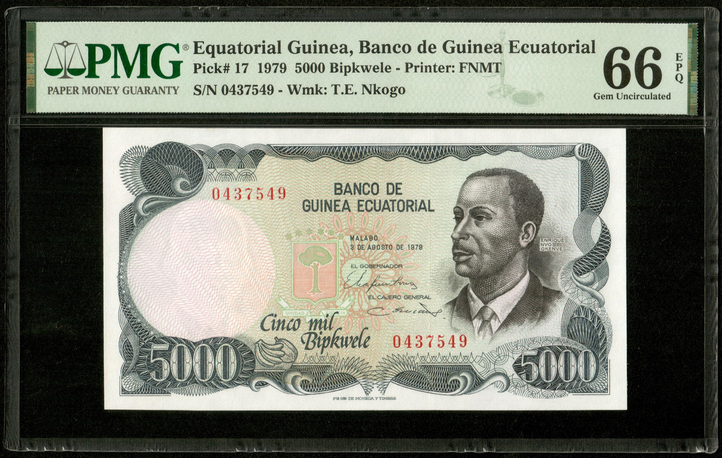 GUINÉE ÉQUATORIALE - EQUATORIAL GUINEA - 5000 Bipkwele 1979 Pick 17 NEUF / PMG Gem Unc 66 EPQ