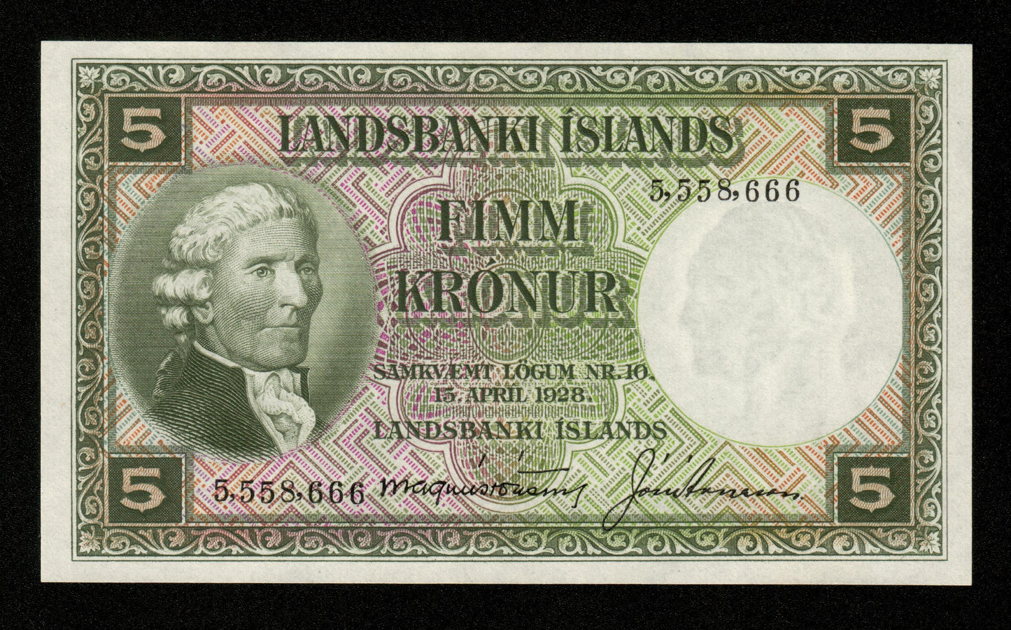 ISLANDE - ICELAND - 5 Kronur 1928 (1948-1956) N°5,558,666 P.32a NEUF / UNC