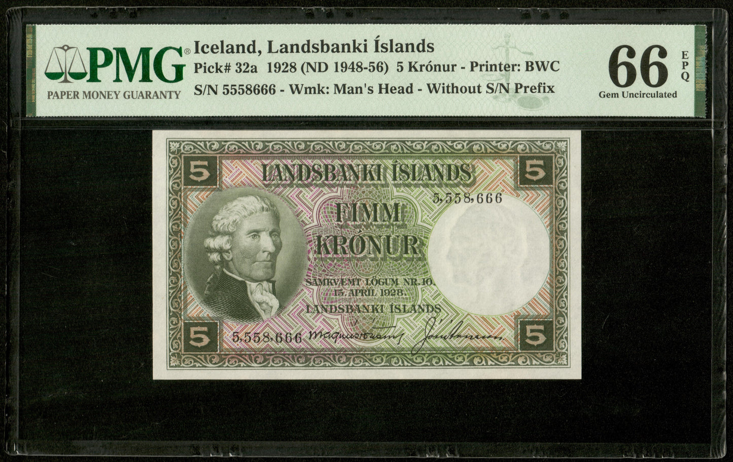 ISLANDE - ICELAND - 5 Kronur 1928 (1948-1956) N°5558666 Pick 32a NEUF / PMG Gem Unc 66 EPQ