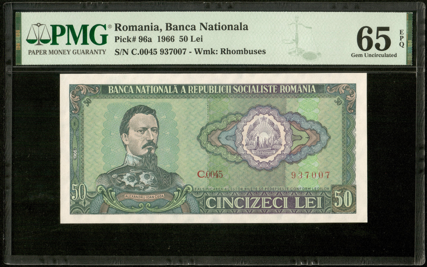 ROUMANIE - ROMANIA - 50 Lei 1966 Pick 96a NEUF / PMG Gem Unc 65 EPQ