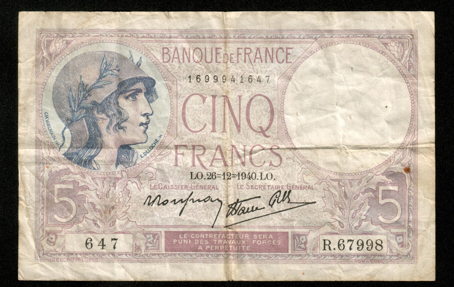 FRANCE - 5 Francs Violet 1940 F.04.18, P.83 pr.TTB / VF-