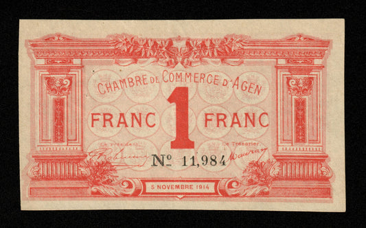 FRANCE - Chambre de Commerce d'Agen, 1 Franc 1914 JP.02.03 TTB+ / VF+