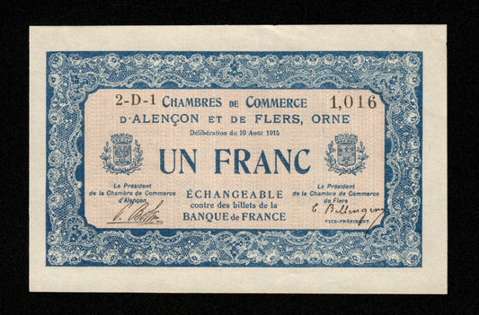 FRANCE - Chambres de Commerce d'Alençon et de Flers, Orne, 1 Franc 1915 JP.06.17 SPL / AU