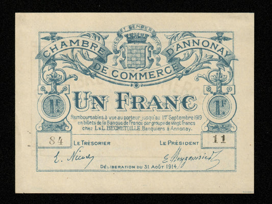 FRANCE - Chambres de Commerce d'Annonay, 1 Franc 1914 JP.11.08 SPL+ / AU+