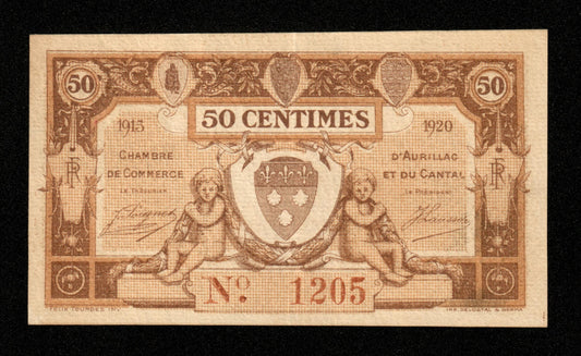 FRANCE - Chambres de Commerce d'Aurillac, Cantal, 50 Centimes 1915 1920 Série A JP.16.01 SUP+ / XF+