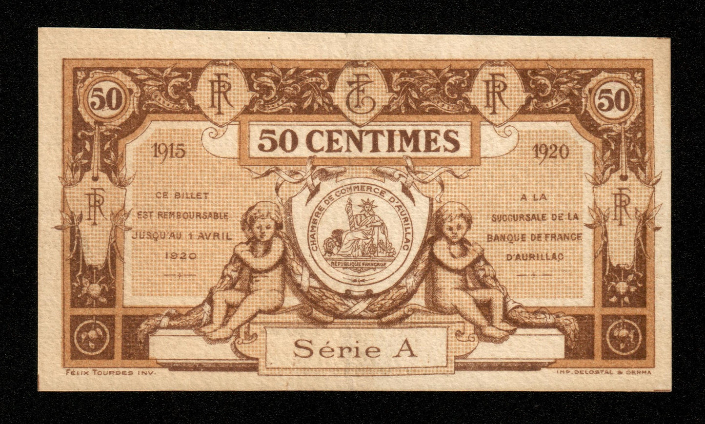 FRANCE - Chambres de Commerce d'Aurillac, Cantal, 50 Centimes 1915 1920 Série A JP.16.01 SUP+ / XF+