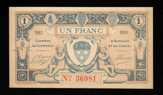 FRANCE - Chambres de Commerce d'Aurillac, Cantal, 1 Franc 1915 1920 Série A JP.16.04 SPL / AU