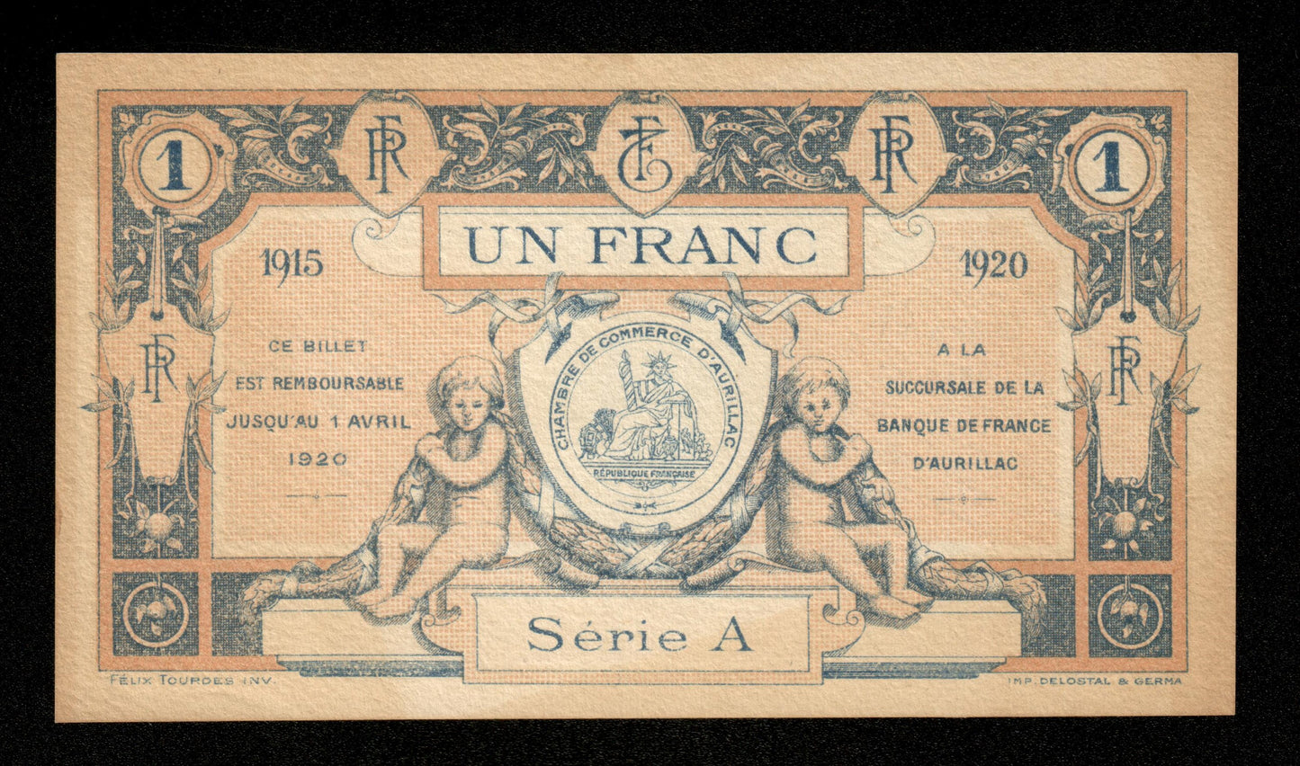 FRANCE - Chambres de Commerce d'Aurillac, Cantal, 1 Franc 1915 1920 Série A JP.16.04 SPL / AU