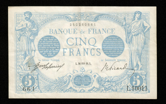 FRANCE - 5 Francs Bleu Janvier 1916 F.02.35, P.70 TTB / VF