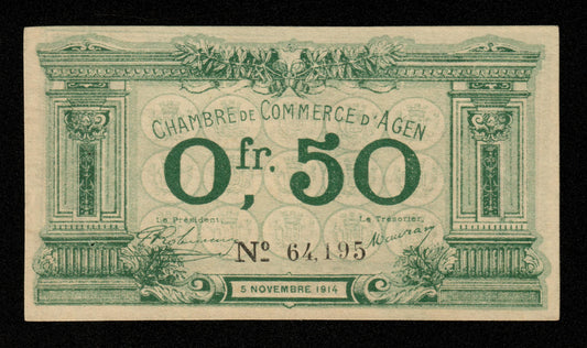 FRANCE - Chambre de Commerce d'Agen, 50 Centimes 1914 JP.02.01 SUP+ / XF+