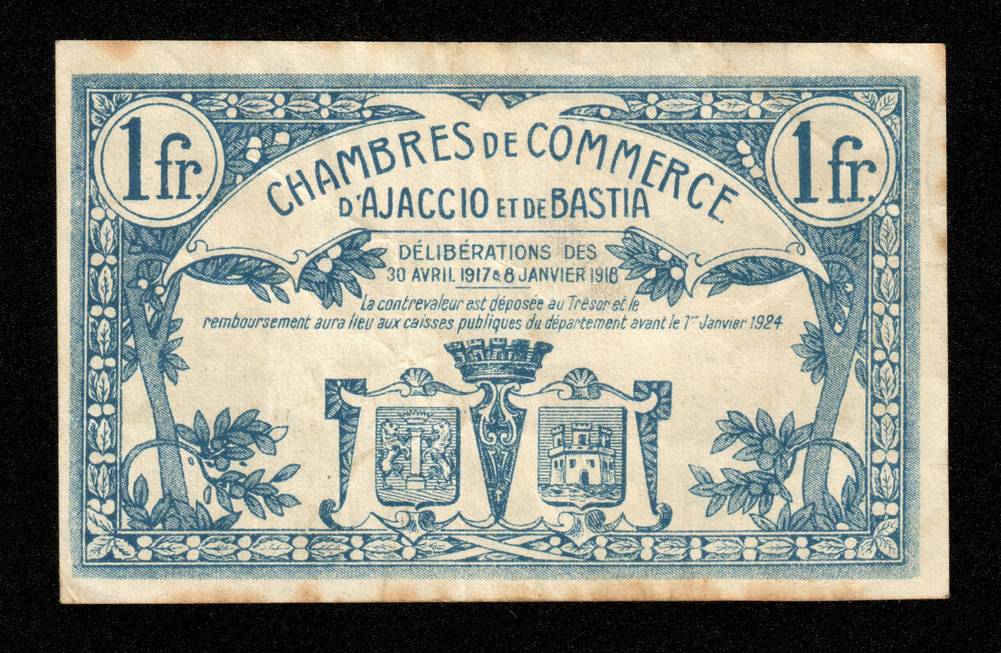 FRANCE - Chambre de Commerce d'Ajaccio et Bastia, 1 Franc 1917-1918 JP.03.07 TTB / VF