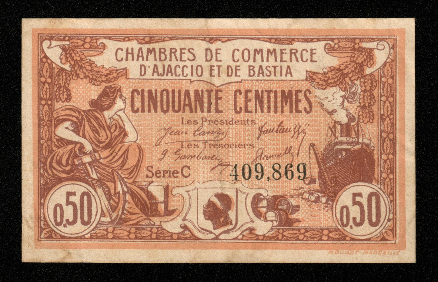 FRANCE - Chambre de Commerce d'Ajaccio et Bastia, 50 Centimes 1920 JP.03.08 TTB / VF