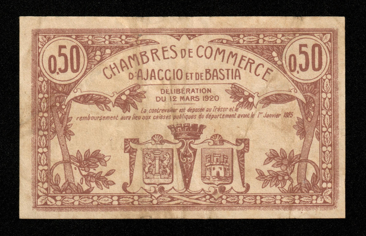 FRANCE - Chambre de Commerce d'Ajaccio et Bastia, 50 Centimes 1920 JP.03.08 TTB / VF