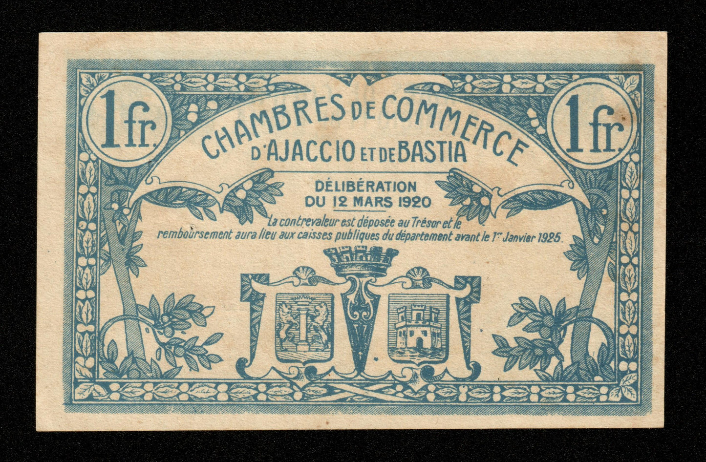 FRANCE - Chambre de Commerce d'Ajaccio et Bastia, 1 Franc 1920 JP.03.09 SUP+ / XF+