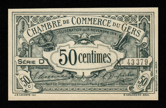 FRANCE - Chambre de Commerce du Gers : Auch, 50 Centimes 1914 Série D JP.15.01 pr.NEUF / UNC-