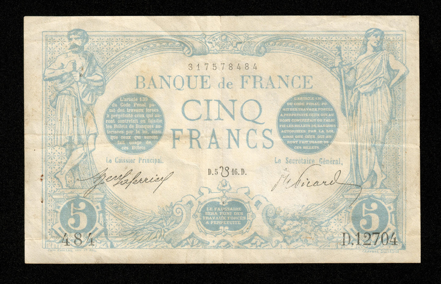 FRANCE - 5 Francs Bleu Lion Inversé Juillet 1916 F.02bis.04, P.70 TTB / VF