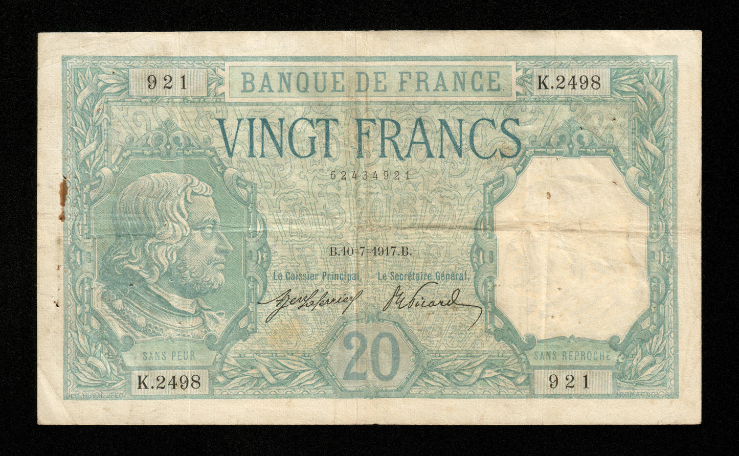 FRANCE - 20 Francs Bayard 1917 F.11.02, P.74 pr.TTB / VF-