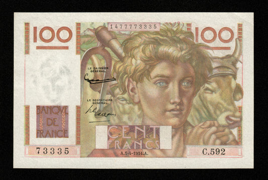 FRANCE - 100 Francs Jeune Paysan 1954 F.28.43, P.128d pr.NEUF / UNC-