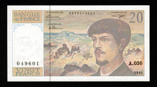 FRANCE - 20 Francs Debussy 1992 Série A.036 F.66bis.03A36, P.151f NEUF / UNC