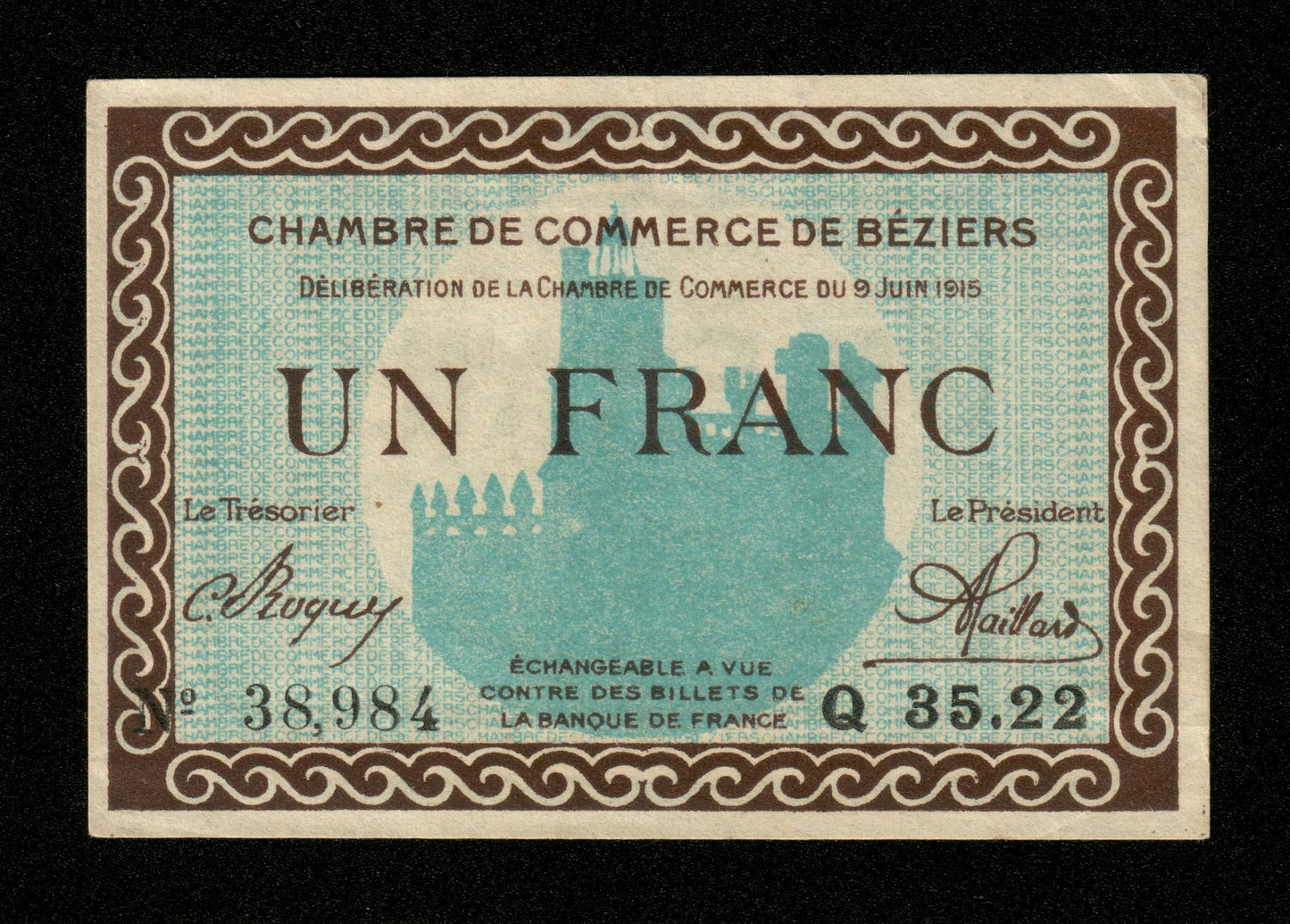 FRANCE - Chambre de Commerce de Béziers 1 Franc 1915 JP.27.10 SUP+ / XF+