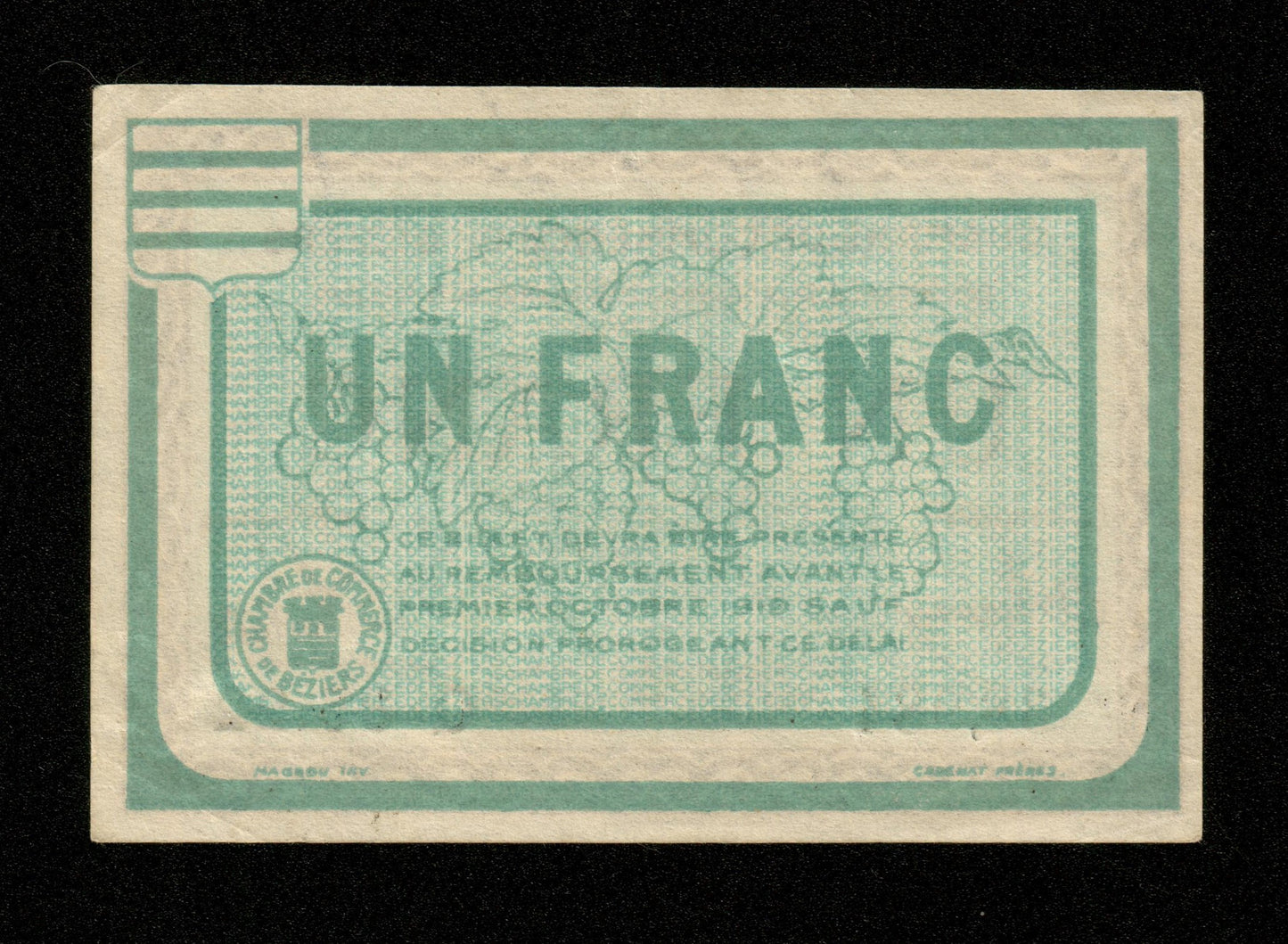 FRANCE - Chambre de Commerce de Béziers 1 Franc 1915 JP.27.10 SUP+ / XF+