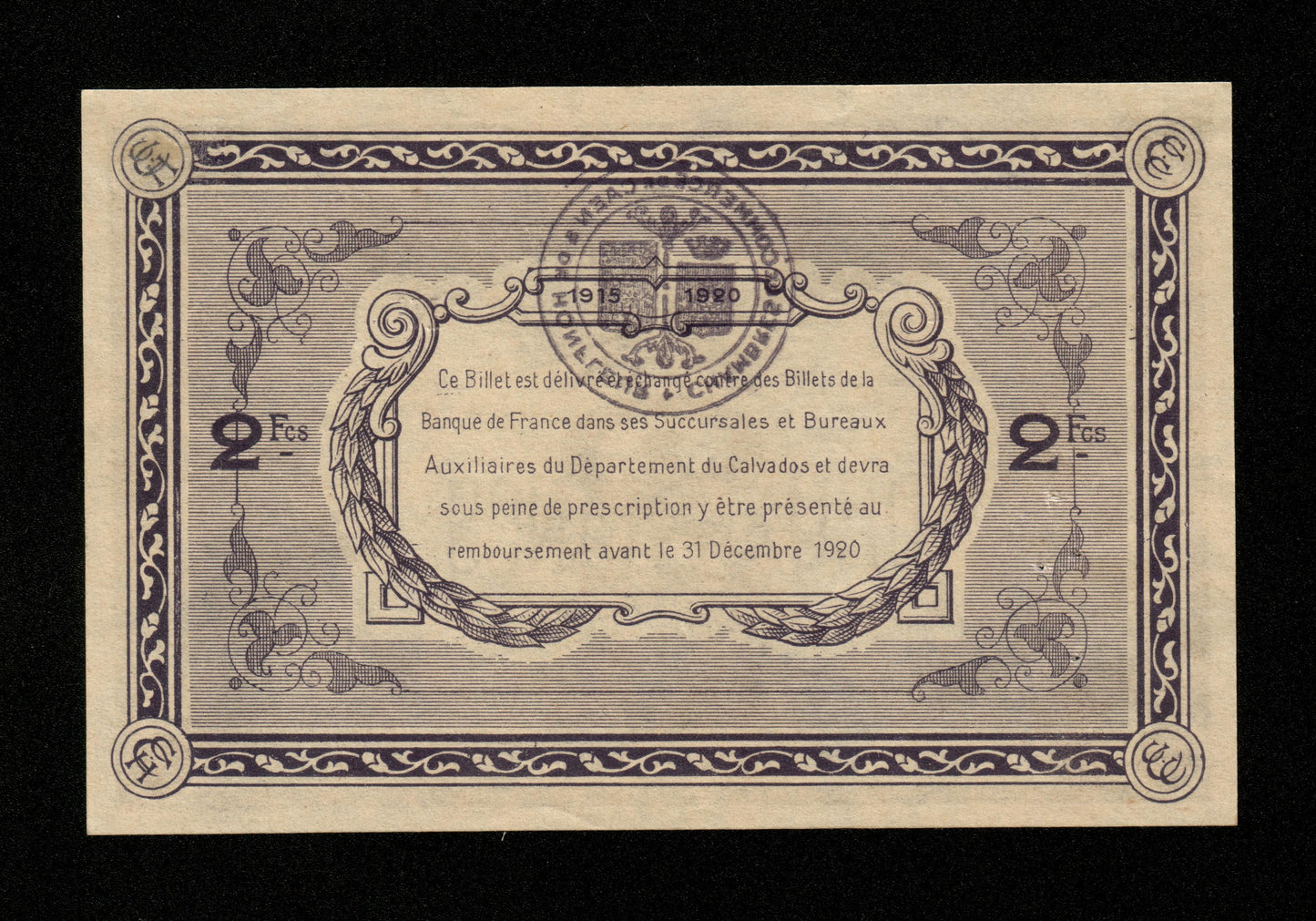 FRANCE - Chambres de Commerce de Caen et Honfleur 2 Francs 1915 1920 JP.34.10 SUP / XF