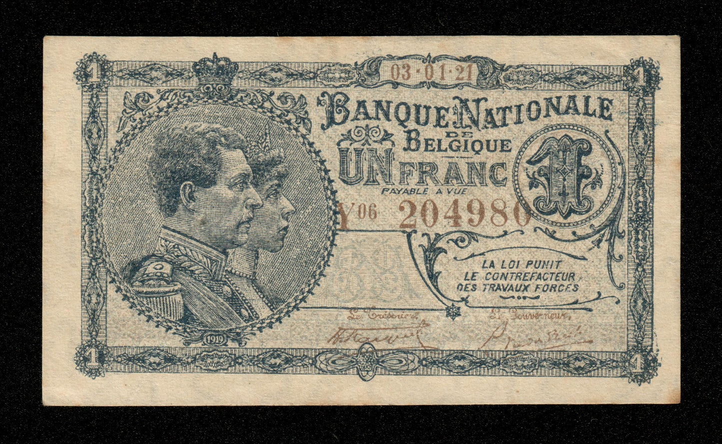 BELGIQUE - BELGIUM - 1 Franc 1921 P.92 TTB+ / VF+