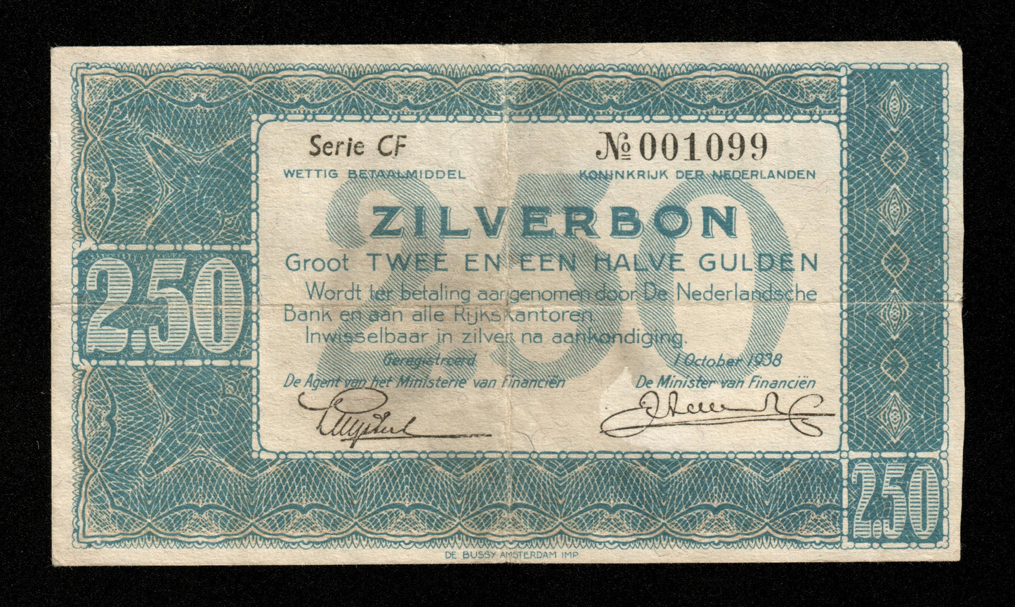 PAYS-BAS - NETHERLANDS - 2,5 Gulden 1938 Zilverbon P.62 TTB / VF