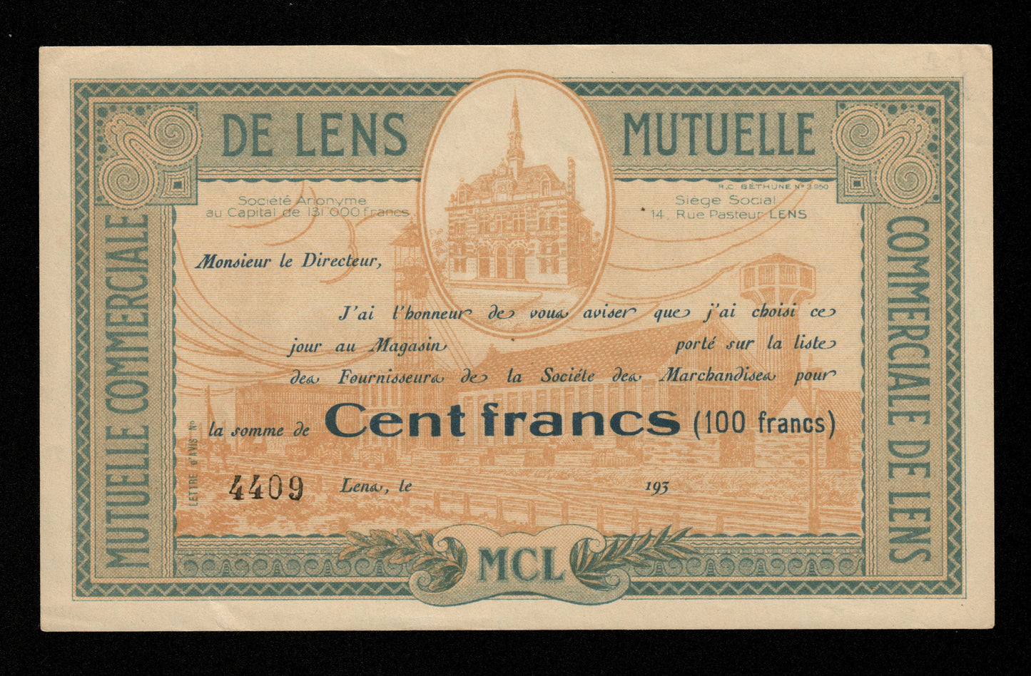 FRANCE - Mutuelle Commerciale de Lens, 100 Francs (1930) SUP / XF