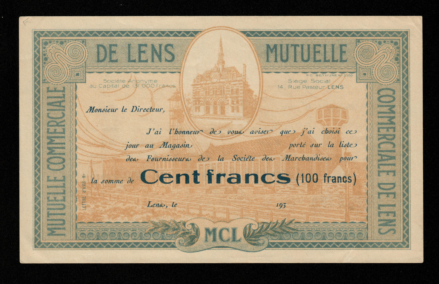 FRANCE - Mutuelle Commerciale de Lens, 100 Francs (1930) SUP / XF