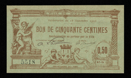 FRANCE - Bon de 50 Centimes, Ville de Mouy (Oise) 1915 JP.60-40 SPL / AU