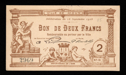 FRANCE - Bon de 2 Francs, Ville de Mouy (Oise) 1915 JP.60-42 SUP+ / XF+