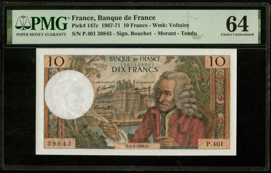 FRANCE - 10 Francs Voltaire 1968 F.62.32 Pick 147c NEUF / PMG 64