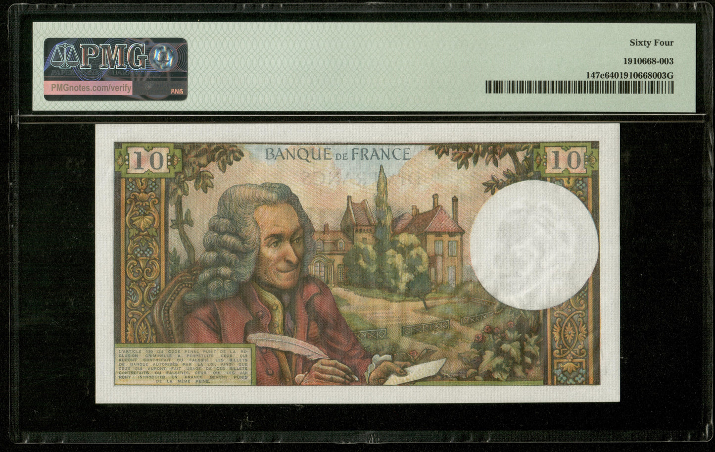 FRANCE - 10 Francs Voltaire 1968 F.62.32 Pick 147c NEUF / PMG 64