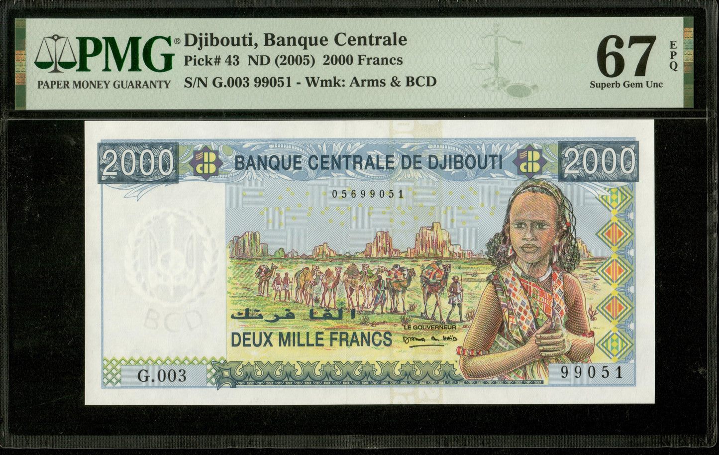 DJIBOUTI - 2000 Francs (2005) Pick 43 PMG Superb Gem Unc 67 EPQ