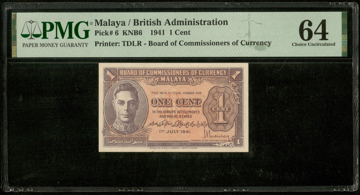 MALAYA - British Administration, 1 Cent 1941 Pick 6 PMG Choice Unc 64 George VI