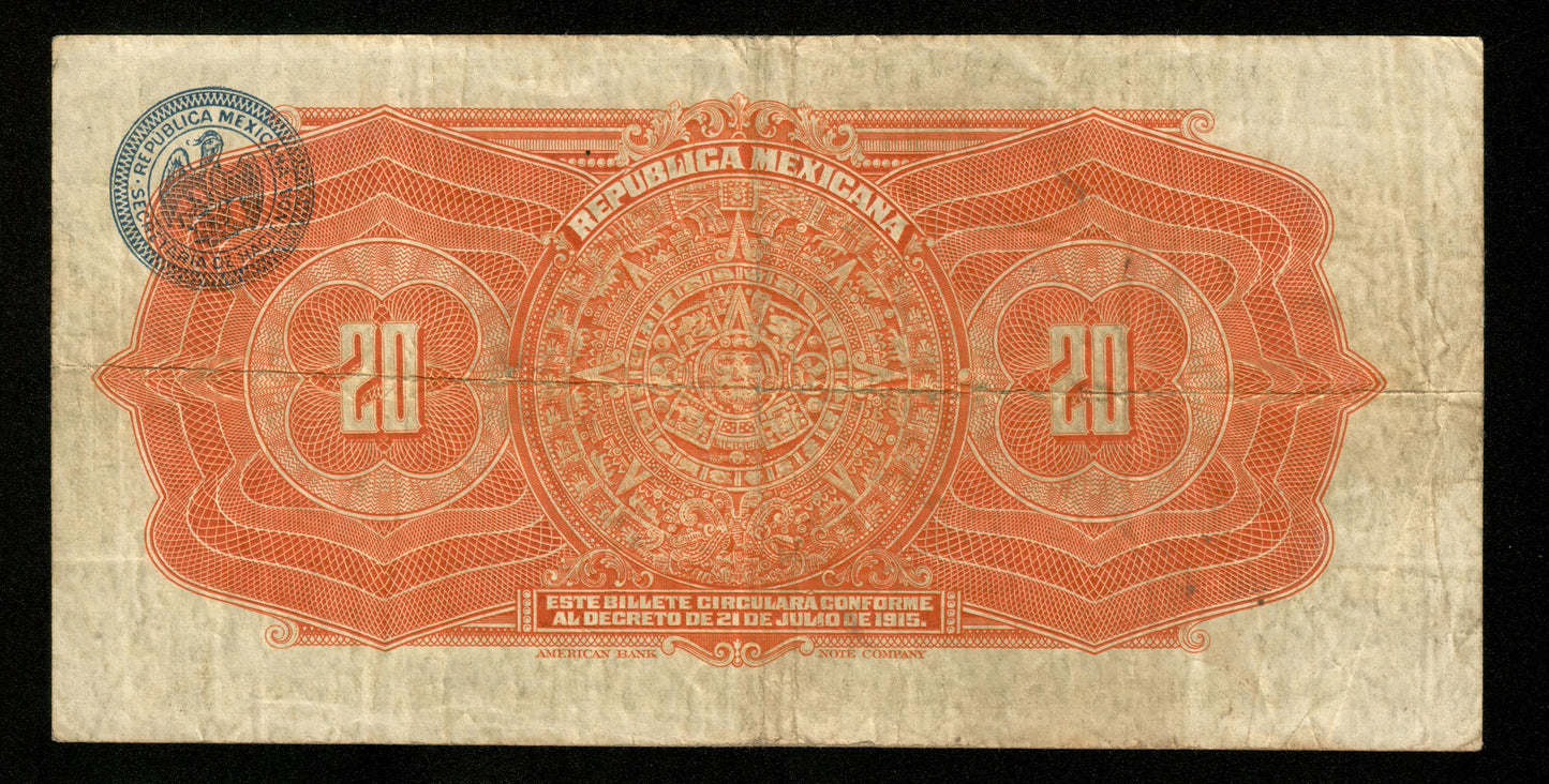 MEXIQUE - MEXICO - República Mexicana, 20 Pesos 1915 Pick S687a TB+ / Fine+