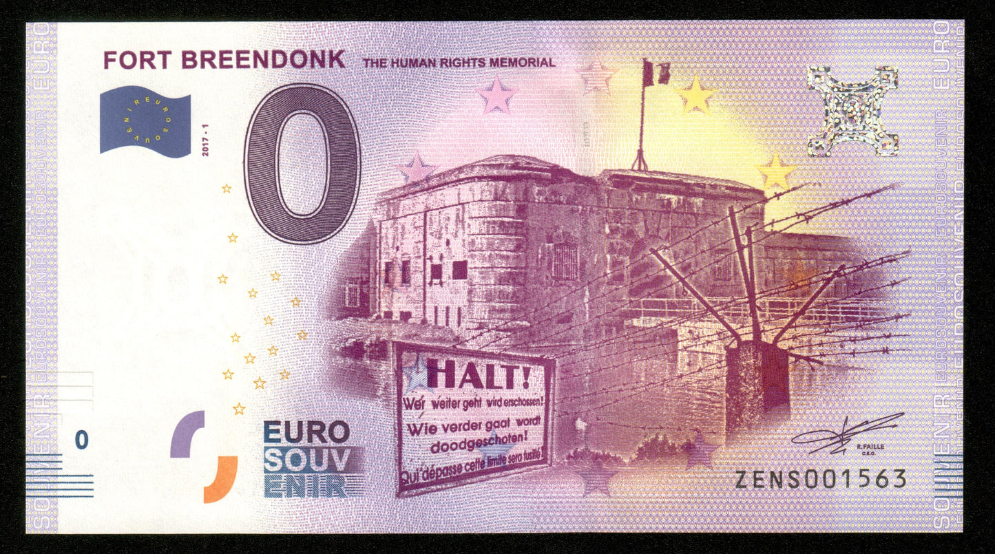 Billet Souvenir 0 Euro - Belgique, FORT BREENDONK THE HUMAN RIGHTS MEMORIAL 2017-1 NEUF / UNC