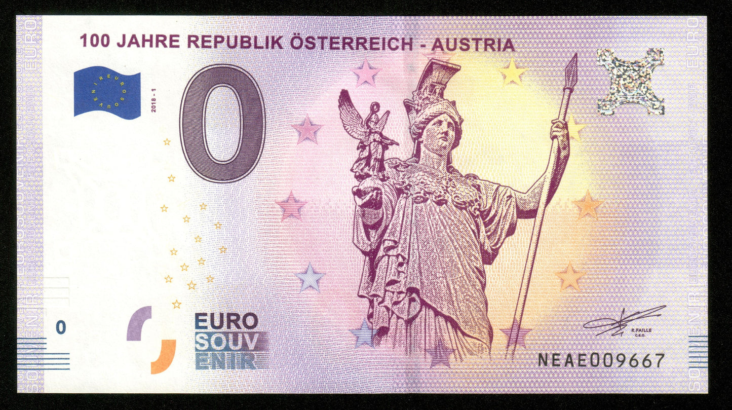 Billet Souvenir 0 Euro - Autriche, 100 JAHRE REPUBLIK ÖSTERREICH - AUSTRIA 2018-1 NEUF / UNC