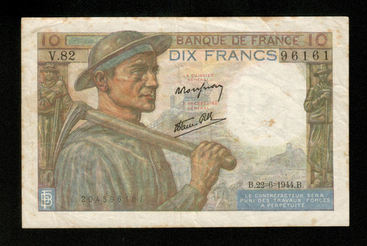 FRANCE - 10 Francs Mineur 1944 F.08.12 Pick 99e TTB / VF