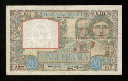 FRANCE - 20 Francs Science et travail 1940 F.12.03 Pick 92a TTB / VF