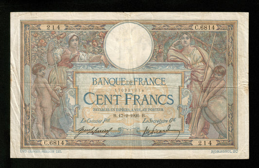 FRANCE - 100 Francs Merson 1920 F.23.12 Pick 71a TB / Fine