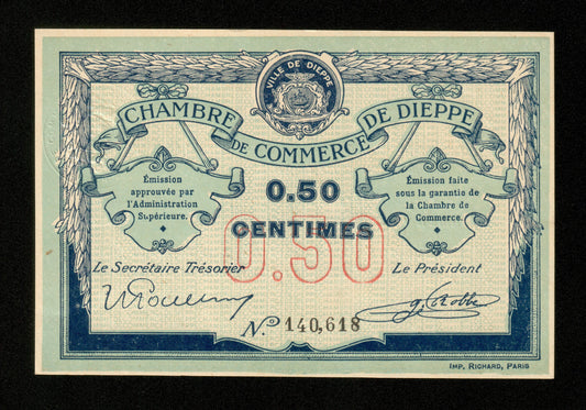 FRANCE - Chambre de Commerce de Dieppe 50 Centimes (1918) JP.52.01 pr.SPL / AU-