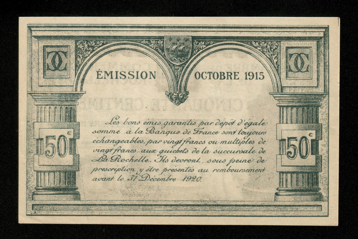 FRANCE - Chambre de Commerce de La Rochelle 50 Centimes 1915 JP.66.01 SPL / AU