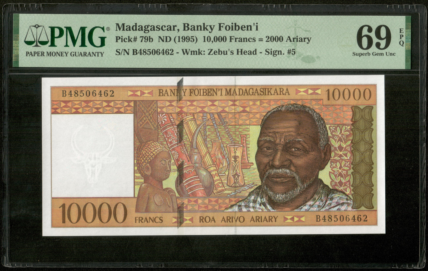 MADAGASCAR - 10000 Francs, 2000 Ariary (1995) Pick 79b PMG Superb Gem Unc 69 EPQ